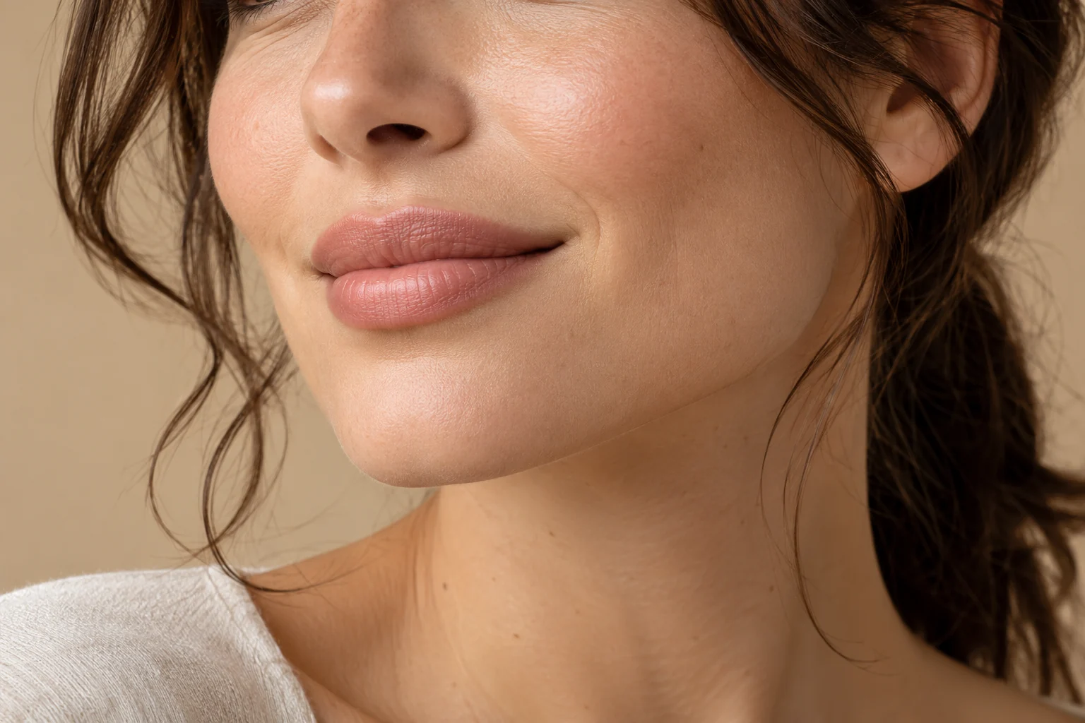 KI-generiertes Porträt eines Lächelns mit natürlich proportionierten Lippen