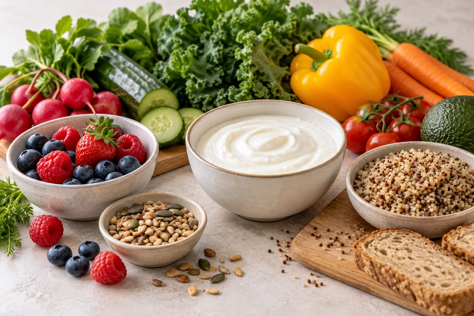 KI-generiertes Stillleben mit Joghurt, Gemüse, Getreide und Beeren